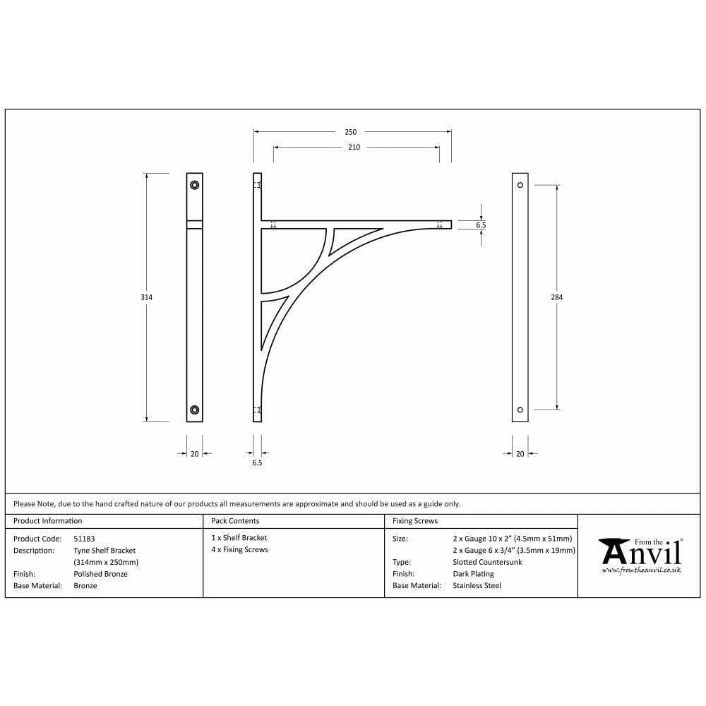 From The Anvil Accessories Polished Bronze / Shelf Brackets / 314 x 250mm From The Anvil - Polished Bronze Tyne Shelf Bracket (314mm x 250mm)