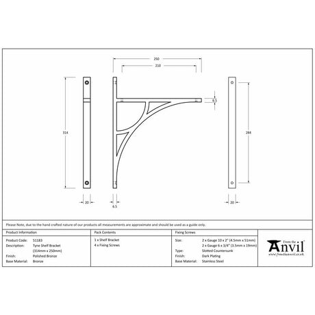 From The Anvil Accessories Polished Bronze / Shelf Brackets / 314 x 250mm From The Anvil - Polished Bronze Tyne Shelf Bracket (314mm x 250mm)