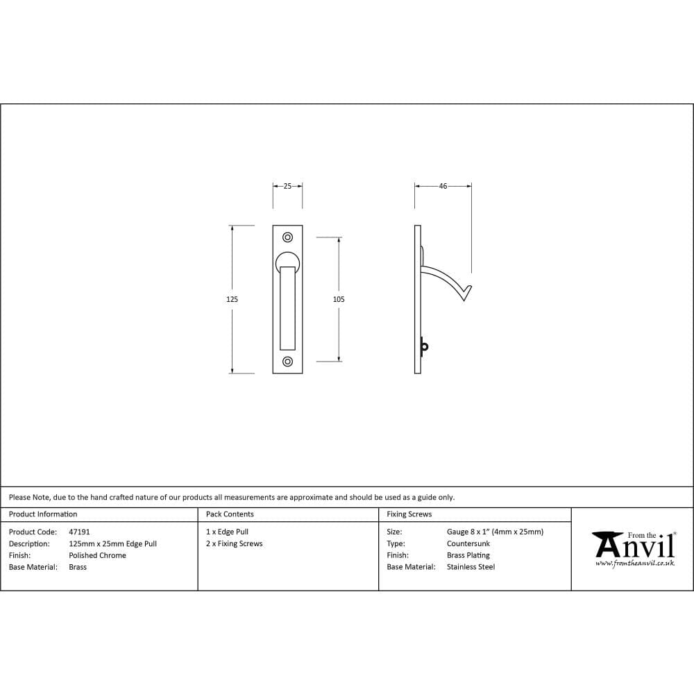 From The Anvil Door Furniture Polished Chrome / Door Edge Pull / Rectangular From The Anvil - Polished Chrome 125mm x 25mm Edge Pull
