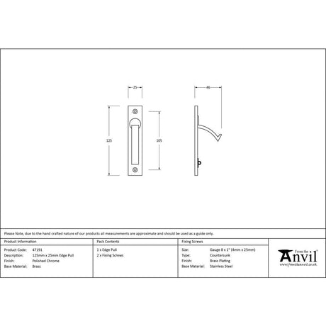 From The Anvil Door Furniture Polished Chrome / Door Edge Pull / Rectangular From The Anvil - Polished Chrome 125mm x 25mm Edge Pull