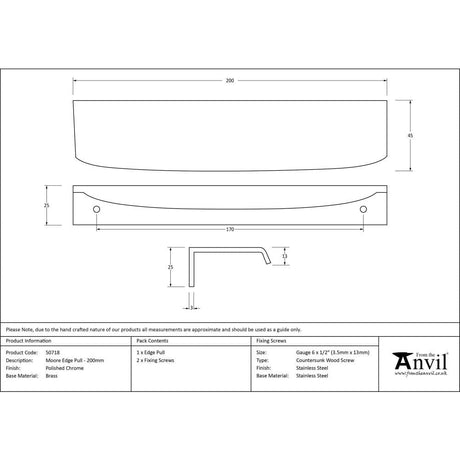 From The Anvil Cabinet Hardware Polished Chrome / Edge Pull / 200mm From The Anvil - Polished Chrome 200mm Moore Edge Pull