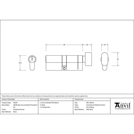 From The Anvil Locks & Latches Polished Chrome / Euro Cylinder & Turn / 40 x 40mm From The Anvil - Polished Chrome 40/40 5pin Euro Cylinder/Thumbturn KA
