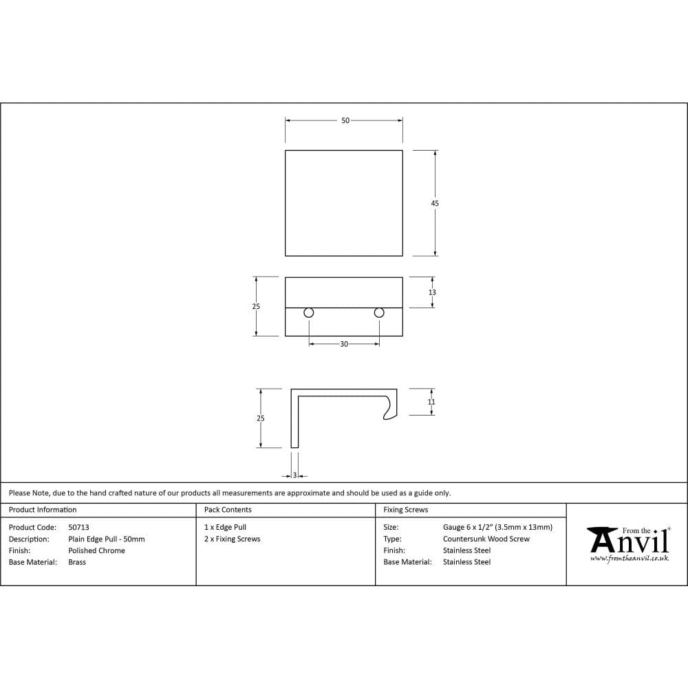 From The Anvil Cabinet Hardware Polished Chrome / Edge Pull / 50mm From The Anvil - Polished Chrome 50mm Plain Edge Pull