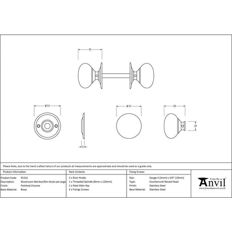 From The Anvil Door Furniture Polished Chrome / Mortice/Rim Knobs From The Anvil - Polished Chrome 57mm Mushroom Mortice/Rim Knob Set