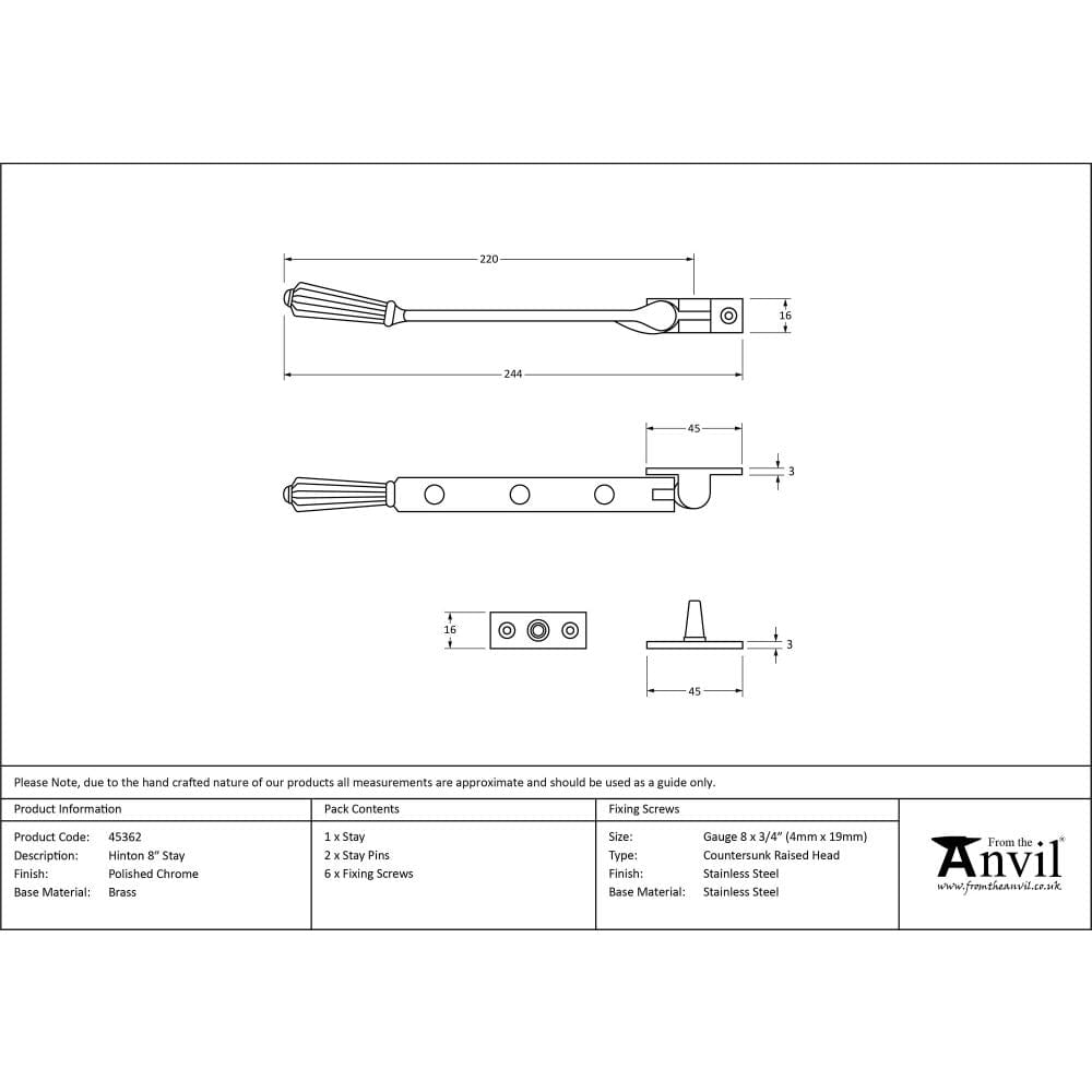 From The Anvil Window Furniture Polished Chrome / 8"/200mm From The Anvil - Polished Chrome 8" Hinton Stay