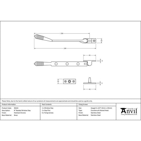 From The Anvil Window Furniture Polished Chrome / 8"/200mm From The Anvil - Polished Chrome 8" Reeded Stay