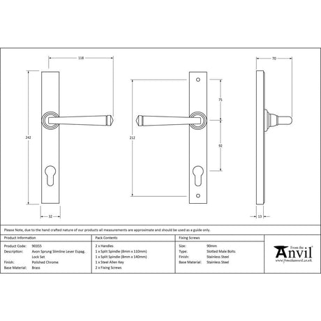 From The Anvil Door Furniture Polished Chrome / Multi Point Lock Set / 92mm c/c From The Anvil - Polished Chrome Avon Slimline Lever Espag. Lock Set