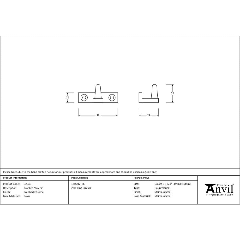 From The Anvil Window Furniture Polished Chrome / Cranked Casement Stay Pins From The Anvil - Polished Chrome Cranked Stay Pin