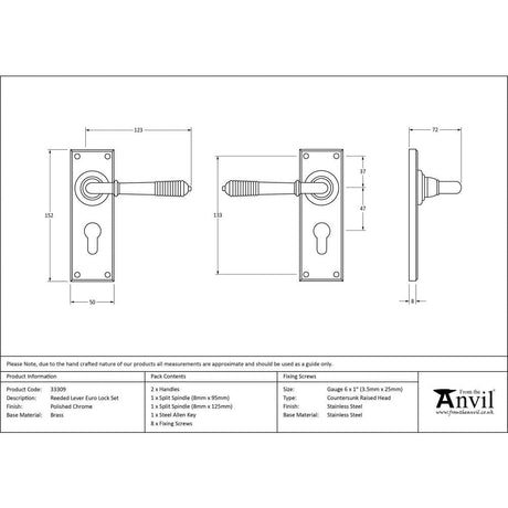 From The Anvil Door Furniture Polished Chrome / Euro Profile Lock Handles From The Anvil - Polished Chrome Reeded Lever Euro Lock Set