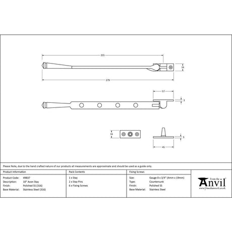 From The Anvil Window Furniture Polished Marine SS (316) / 10"/250mm From The Anvil - Polished Marine SS (316) 10" Avon Stay