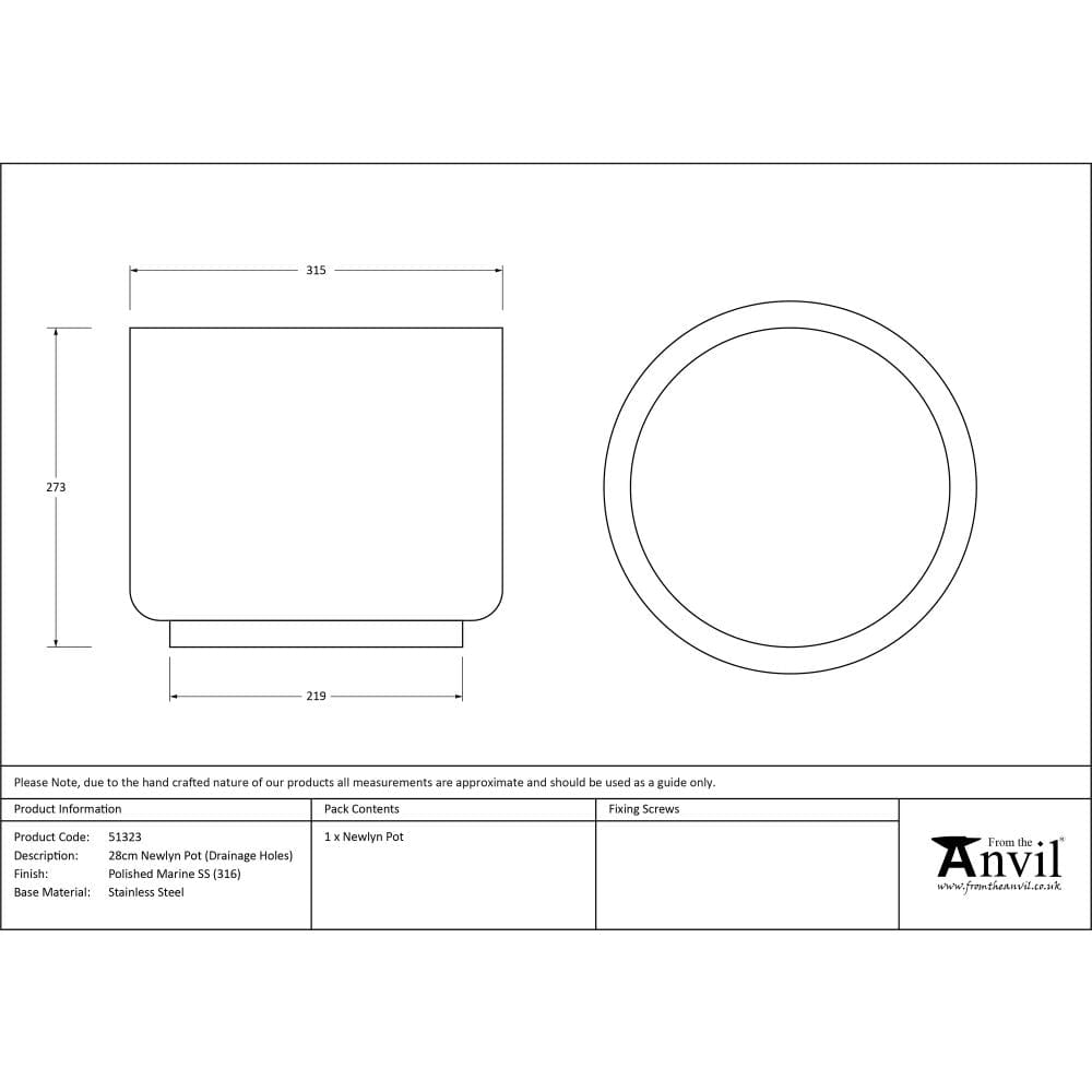 From The Anvil Home & Garden Polished Marine SS (316) / Plant Pots / 28cm From The Anvil - Polished Marine SS (316) 28cm Newlyn Pot (Drainage holes)