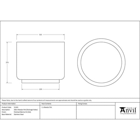 From The Anvil Home & Garden Polished Marine SS (316) / Plant Pots / 28cm From The Anvil - Polished Marine SS (316) 28cm Newlyn Pot (Drainage holes)