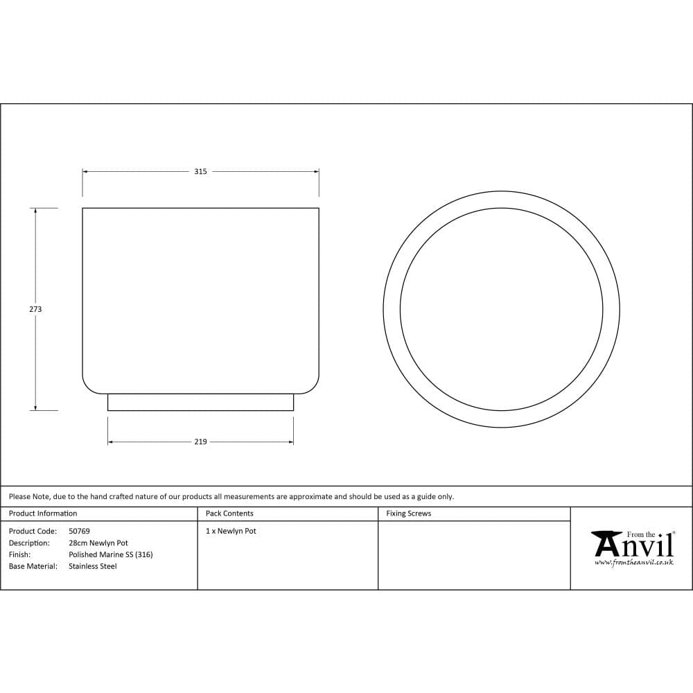 From The Anvil Home & Garden Polished Marine SS (316) / Plant Pots / 28cm From The Anvil - Polished Marine SS (316) 28cm Newlyn Pot