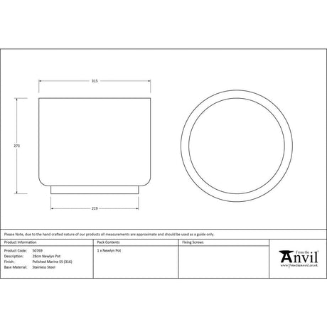 From The Anvil Home & Garden Polished Marine SS (316) / Plant Pots / 28cm From The Anvil - Polished Marine SS (316) 28cm Newlyn Pot
