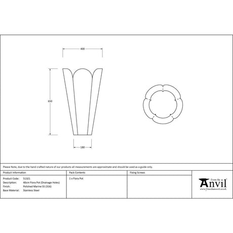From The Anvil Home & Garden Polished Marine SS (316) / Plant Pots / 40cm From The Anvil - Polished Marine SS (316) 40cm Flora Pot (Drainage holes)