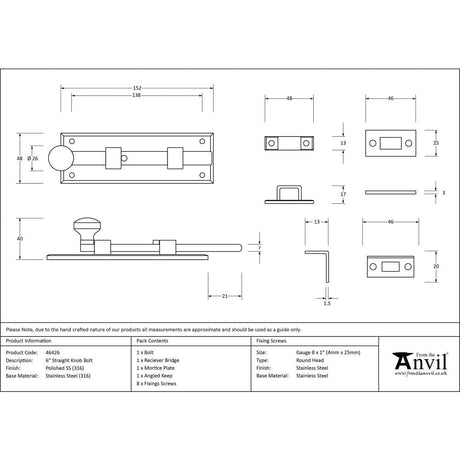 From The Anvil Accessories Polished Marine SS (316) / Straight Surface Bolts / 150mm / 6" From The Anvil - Polished Marine SS (316) 6" Universal Bolt