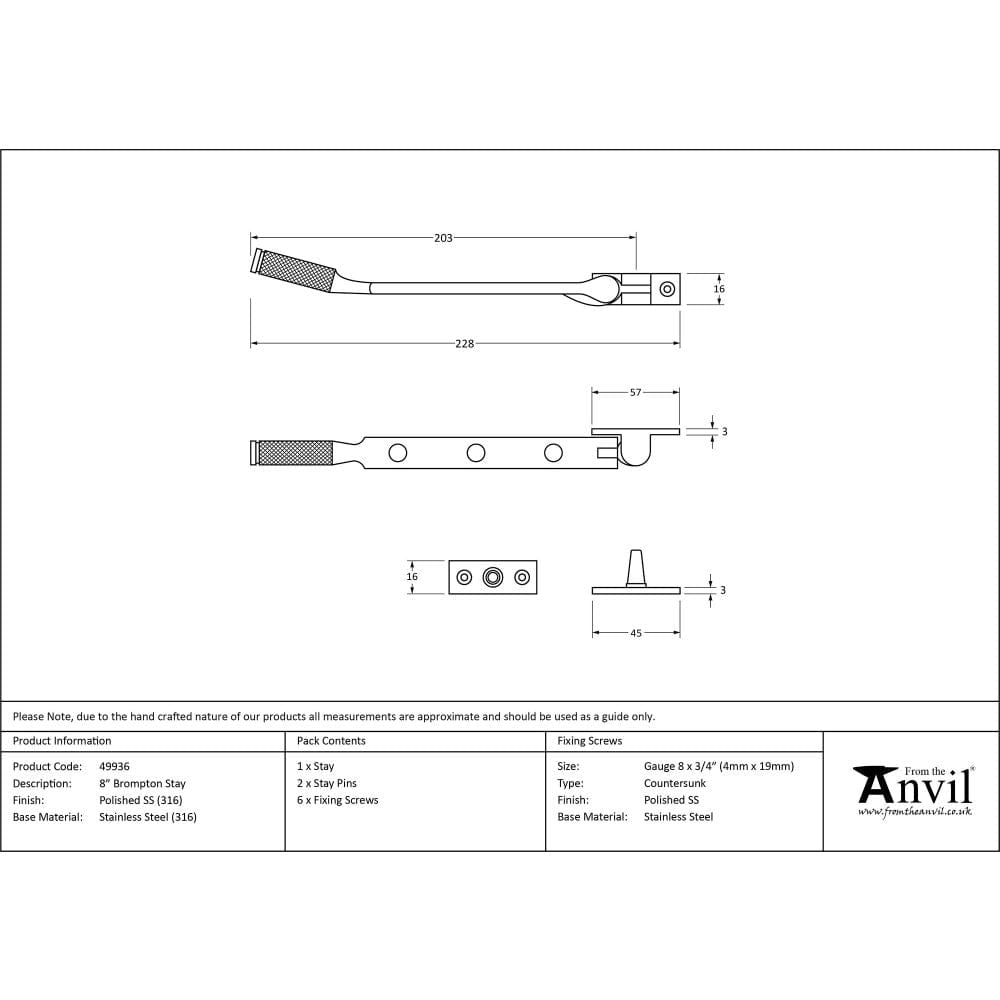 From The Anvil Window Furniture Polished Marine SS (316) / 8"/200mm From The Anvil - Polished Marine SS (316) 8" Brompton Stay