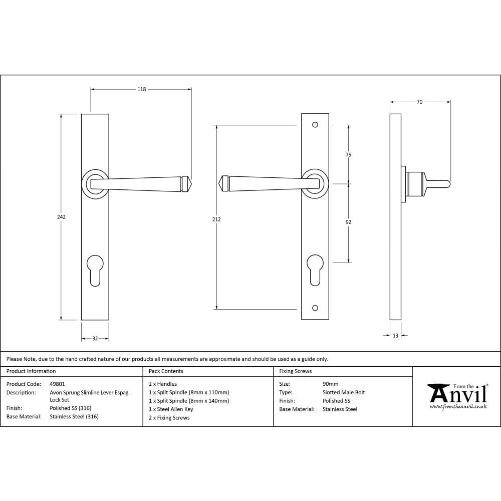 From The Anvil Door Furniture Polished Marine SS (316) / Multi Point Lock Set / 92mm c/c From The Anvil - Polished Marine SS (316) Avon Slimline Lever Espag. Lock Set