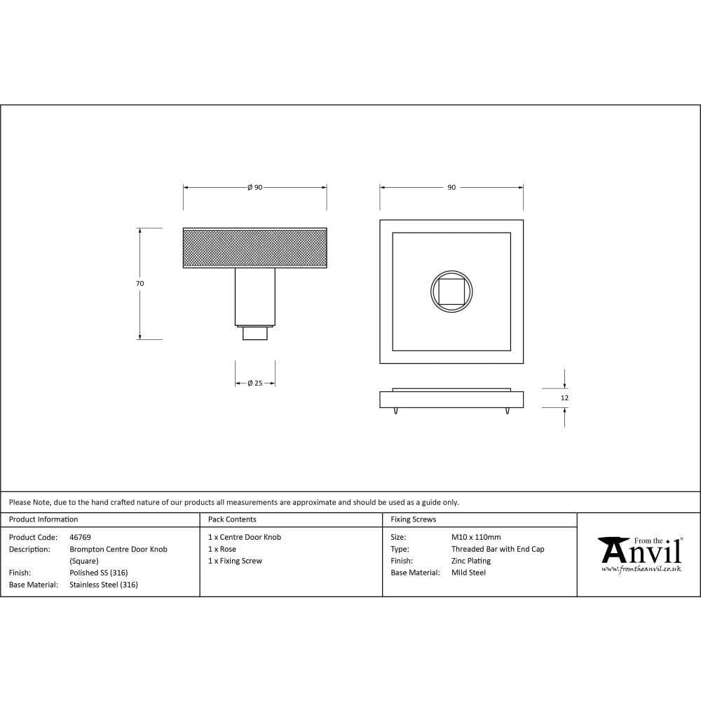 From The Anvil Door Furniture Polished Marine SS (316) / Square Centre Door Knob From The Anvil - Polished Marine SS (316) Brompton Centre Door Knob (Square)