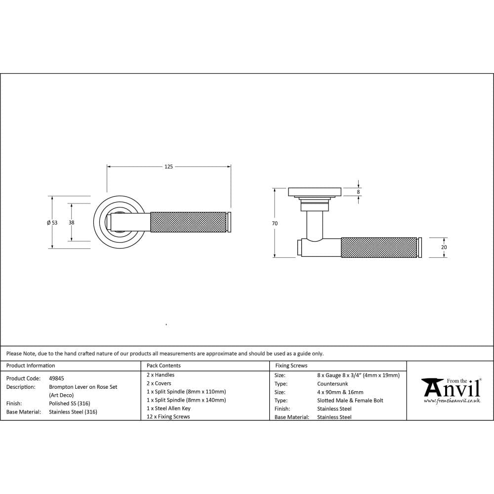 From The Anvil Door Furniture Polished Marine SS (316) / Round Rose From The Anvil - Polished Marine SS (316) Brompton Lever on Rose Set (Art Deco)