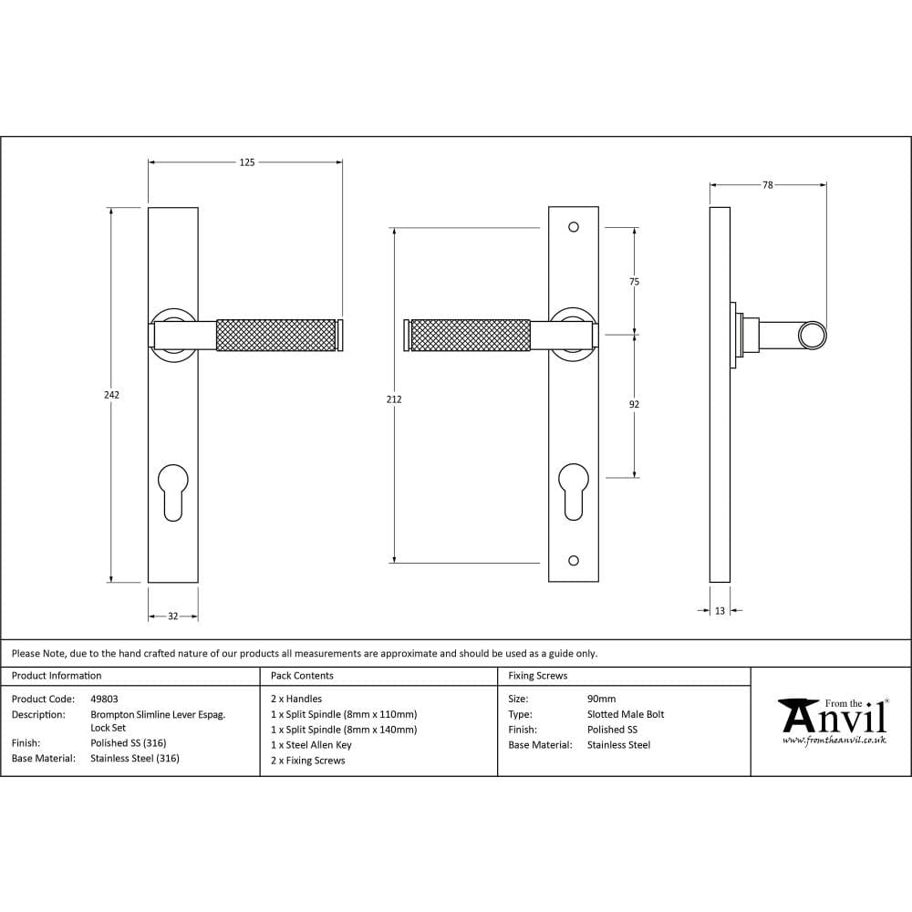 From The Anvil Door Furniture Polished Marine SS (316) / Multi Point Lock Set / 92mm c/c From The Anvil - Polished Marine SS (316) Brompton Slimline Espag. Lock Set