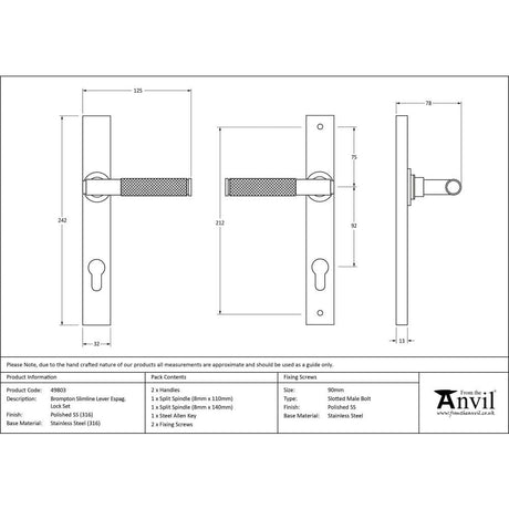 From The Anvil Door Furniture Polished Marine SS (316) / Multi Point Lock Set / 92mm c/c From The Anvil - Polished Marine SS (316) Brompton Slimline Espag. Lock Set