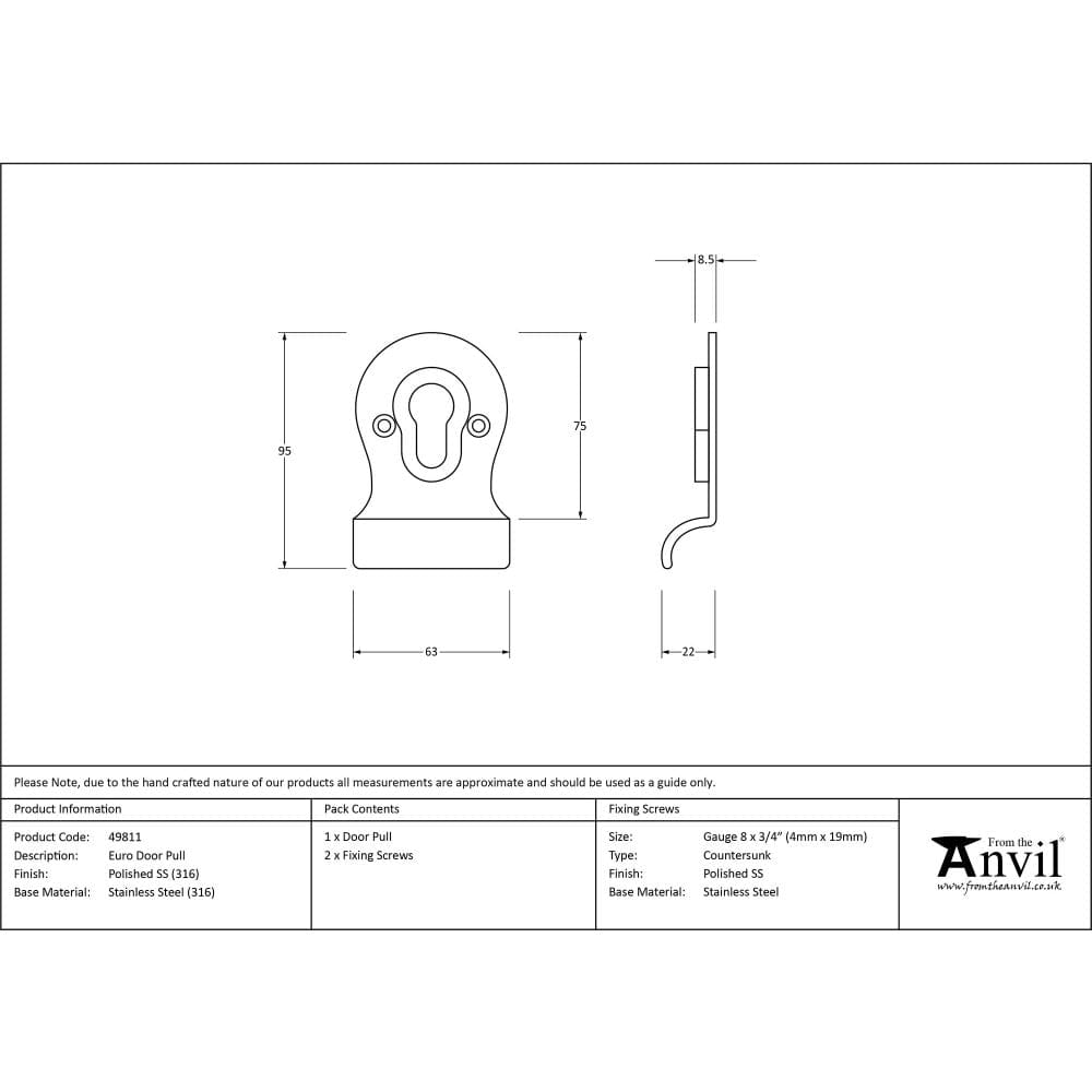 From The Anvil Door Furniture Polished Marine SS (316) / Euro Profile Cylinder Pull From The Anvil - Polished Marine SS (316) Euro Door Pull