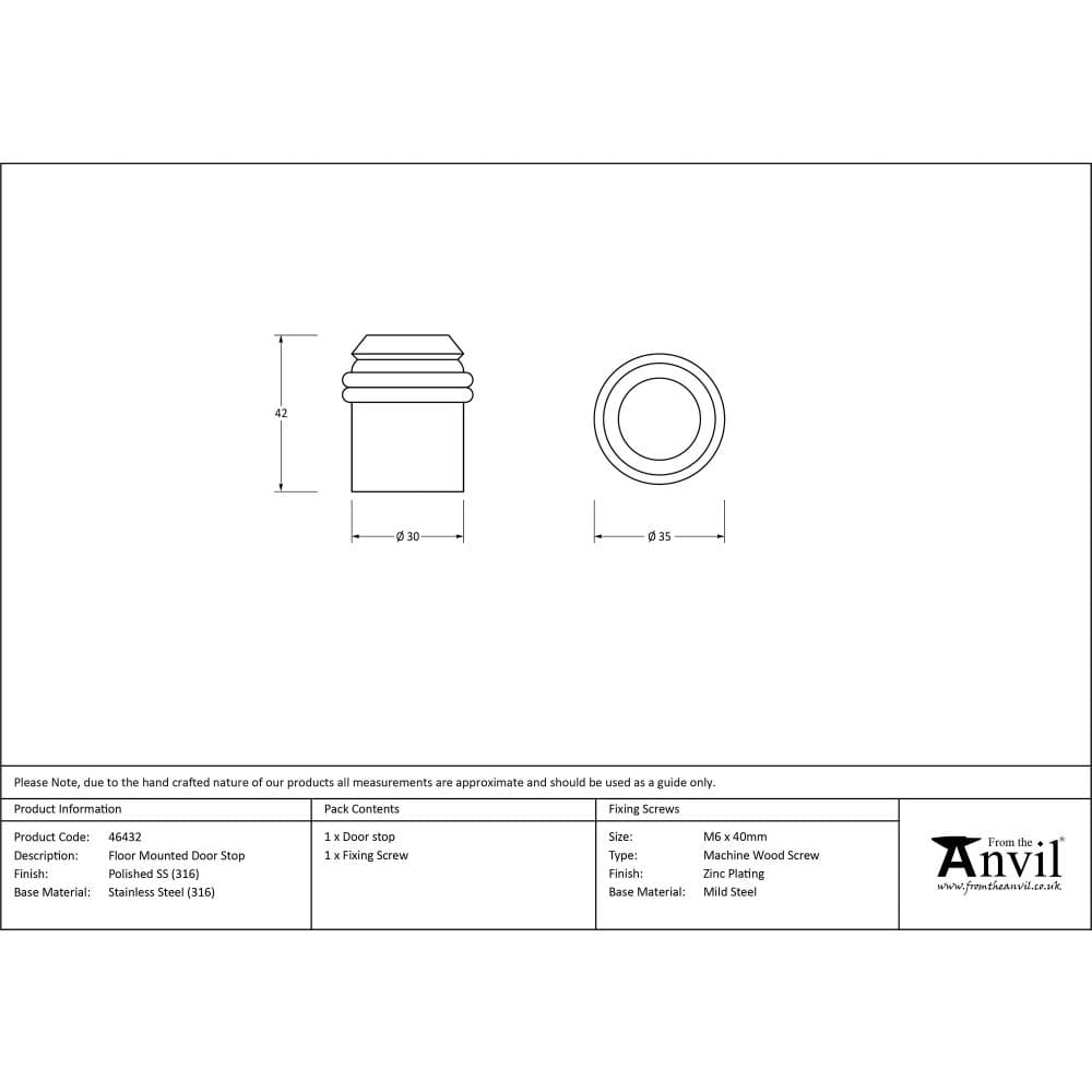From The Anvil Door Furniture Polished Marine SS (316) / Floor Door Stop From The Anvil - Polished Marine SS (316) Floor Mounted Door Stop