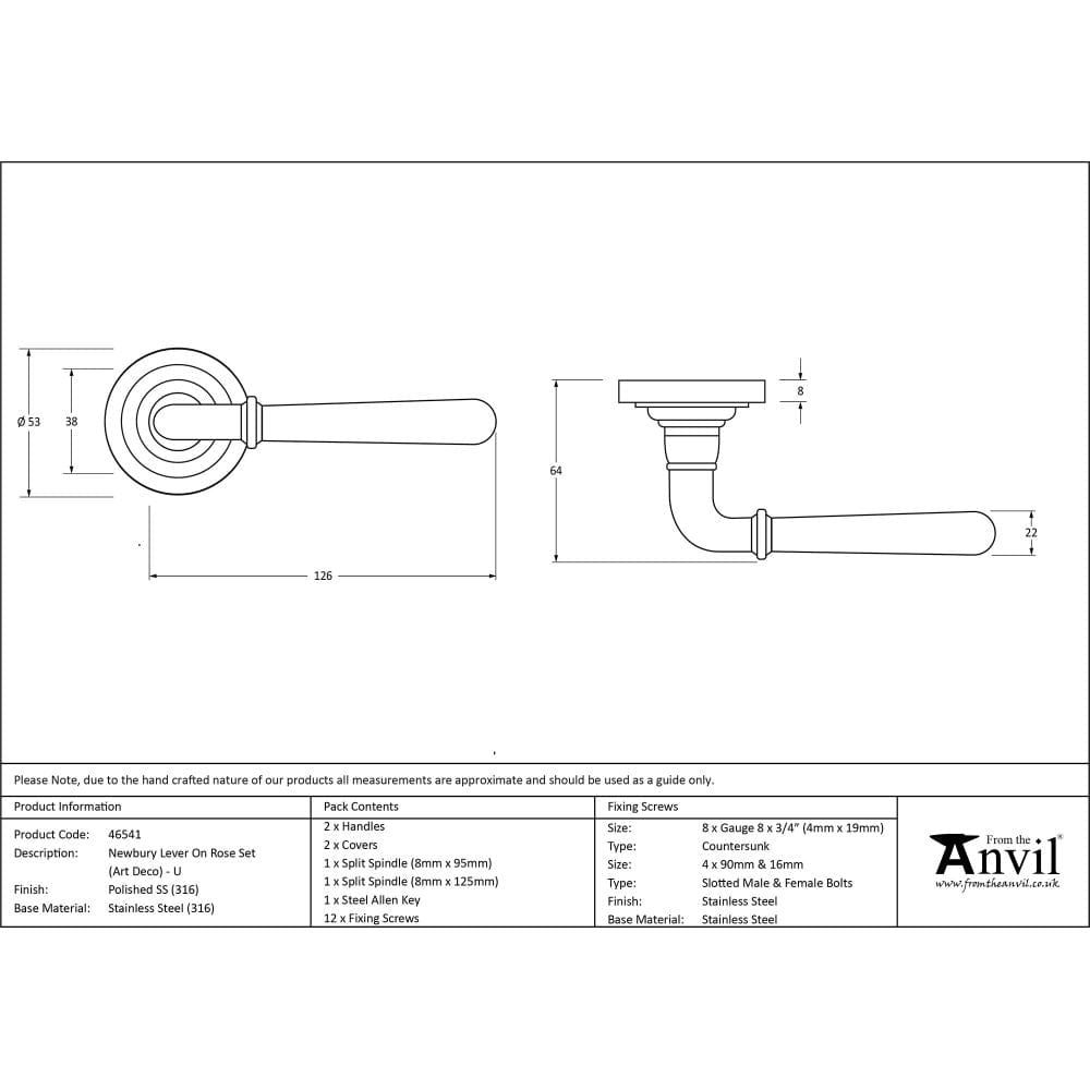 From The Anvil Door Furniture Polished Marine SS (316) / Round Rose From The Anvil - Polished Marine SS (316) Newbury Lever on Rose Set (Art Deco) - Unsprung