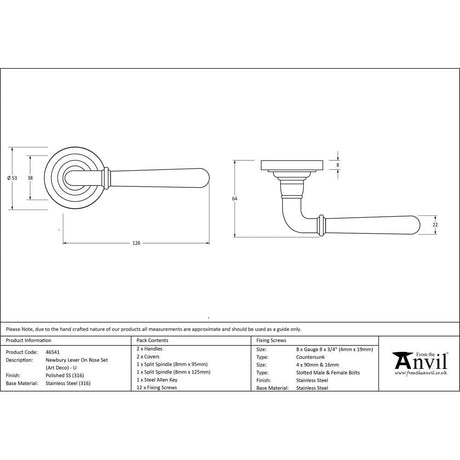 From The Anvil Door Furniture Polished Marine SS (316) / Round Rose From The Anvil - Polished Marine SS (316) Newbury Lever on Rose Set (Art Deco) - Unsprung