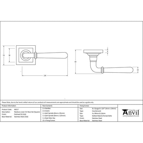 From The Anvil Door Furniture Polished Marine SS (316) / Square Rose From The Anvil - Polished Marine SS (316) Newbury Lever on Rose Set (Square)