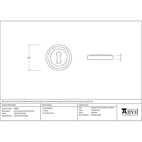 From The Anvil Door Furniture Polished Marine SS (316) / Mortice Key Profile Escutcheons From The Anvil - Polished Marine SS (316) Round Escutcheon (Art Deco)
