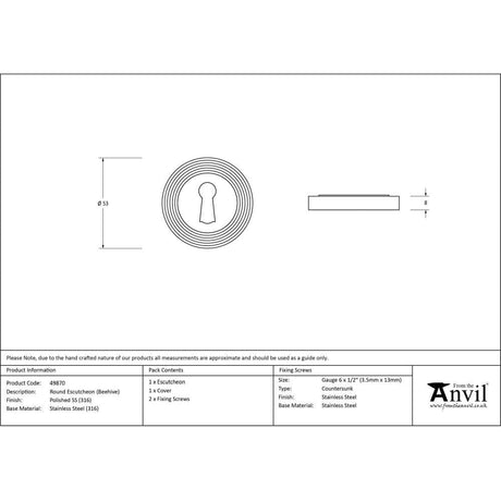 From The Anvil Door Furniture Polished Marine SS (316) / Mortice Key Profile Escutcheons From The Anvil - Polished Marine SS (316) Round Escutcheon (Beehive)