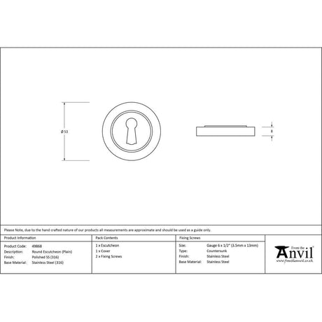 From The Anvil Door Furniture Polished Marine SS (316) / Mortice Key Profile Escutcheons From The Anvil - Polished Marine SS (316) Round Escutcheon (Plain)