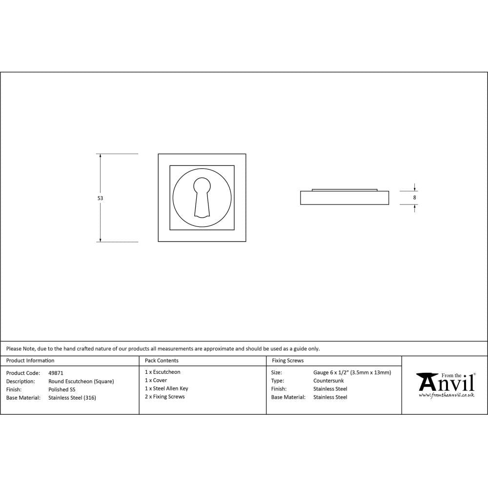 From The Anvil Door Furniture Polished Marine SS (316) / Mortice Key Profile Escutcheons From The Anvil - Polished Marine SS (316) Round Escutcheon (Square)