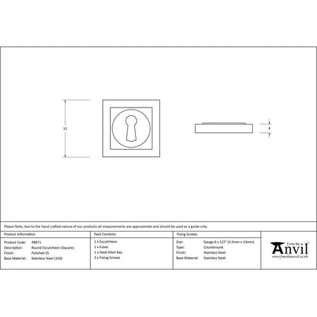 From The Anvil Door Furniture Polished Marine SS (316) / Mortice Key Profile Escutcheons From The Anvil - Polished Marine SS (316) Round Escutcheon (Square)