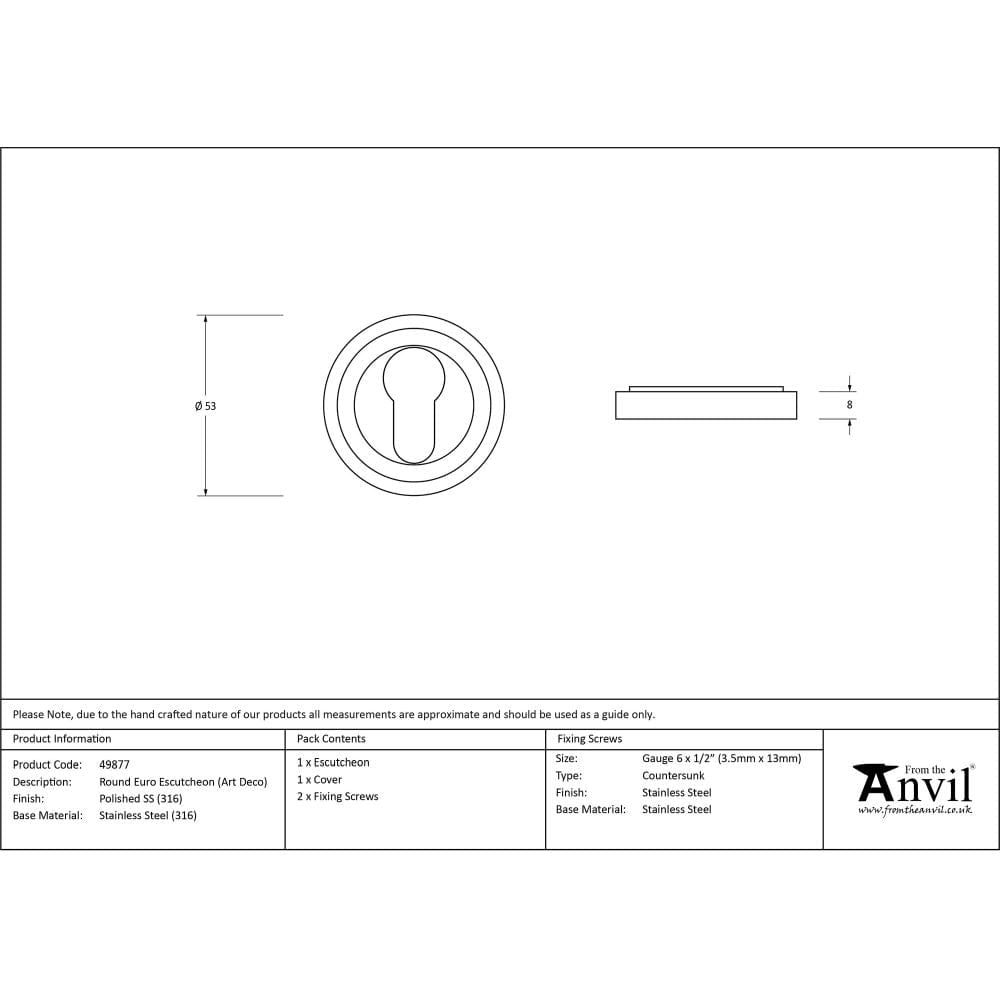 From The Anvil Door Furniture Polished Marine SS (316) / Euro Profile Escutcheons From The Anvil - Polished Marine SS (316) Round Euro Escutcheon (Art Deco)