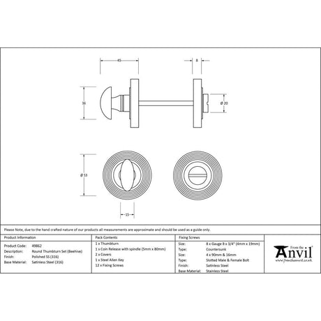 From The Anvil Door Furniture Polished Marine SS (316) / No From The Anvil - Polished Marine SS (316) Round Thumbturn Set (Beehive)