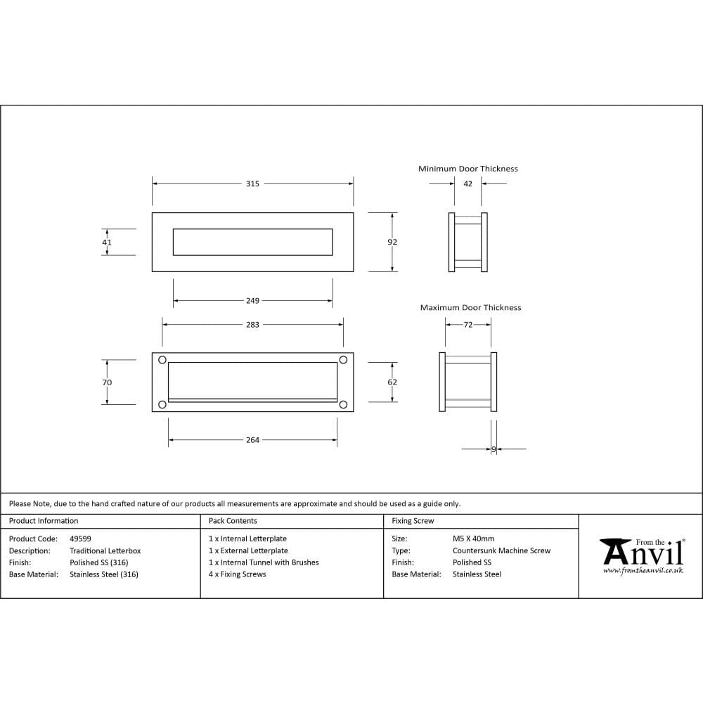 From The Anvil Door Furniture Polished Marine SS (316) / Sleeved Letterbox / 315 x 92mm From The Anvil - Polished Marine SS (316) Traditional Letterbox