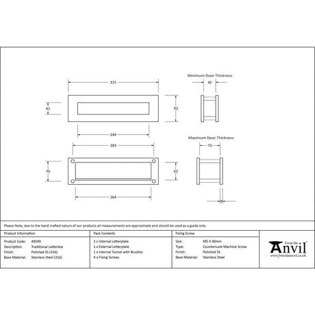 From The Anvil Door Furniture Polished Marine SS (316) / Sleeved Letterbox / 315 x 92mm From The Anvil - Polished Marine SS (316) Traditional Letterbox