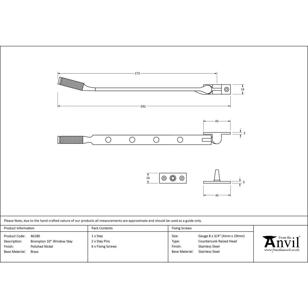 From The Anvil Window Furniture Polished Nickel / 10"/250mm From The Anvil - Polished Nickel 10" Brompton Stay