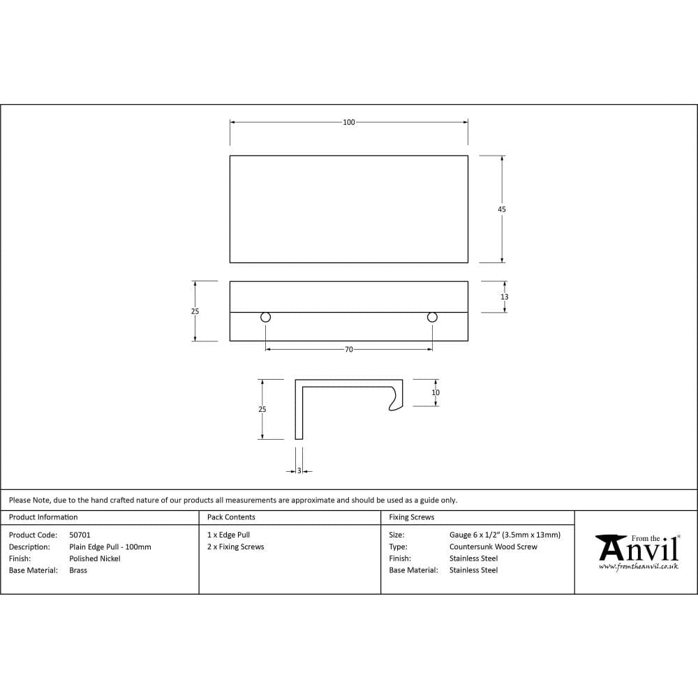 From The Anvil Cabinet Hardware Polished Nickel / Edge Pull / 100mm From The Anvil - Polished Nickel 100mm Plain Edge Pull