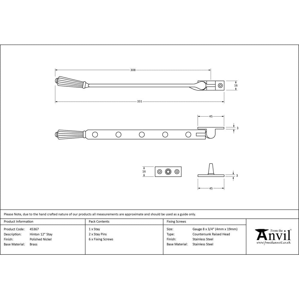 From The Anvil Window Furniture Polished Nickel / 12"/300mm From The Anvil - Polished Nickel 12" Hinton Stay