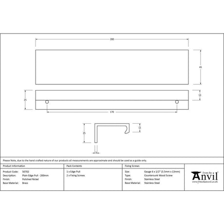From The Anvil Cabinet Hardware Polished Nickel / Edge Pull / 200mm From The Anvil - Polished Nickel 200mm Plain Edge Pull