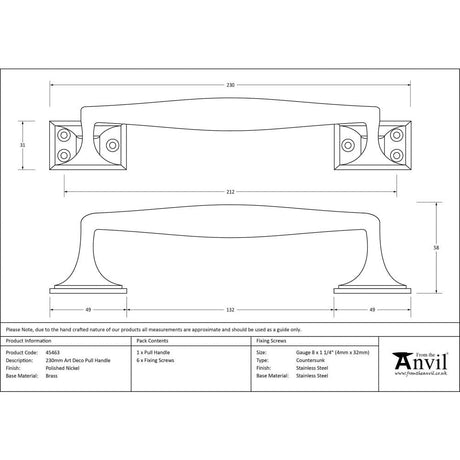 From The Anvil Door Furniture Polished Nickel / Pull Handles (Face Fix) From The Anvil - Polished Nickel 230mm Art Deco Pull Handle