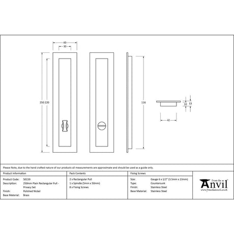 From The Anvil Door Furniture Polished Nickel / Rectangular Flush Pull (Privacy) / Rectangular From The Anvil - Polished Nickel 250mm Plain Rectangular Pull - Privacy Set