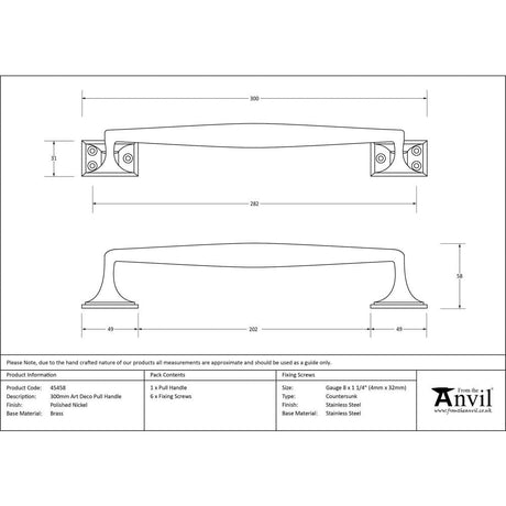 From The Anvil Door Furniture Polished Nickel / Pull Handles (Face Fix) From The Anvil - Polished Nickel 300mm Art Deco Pull Handle