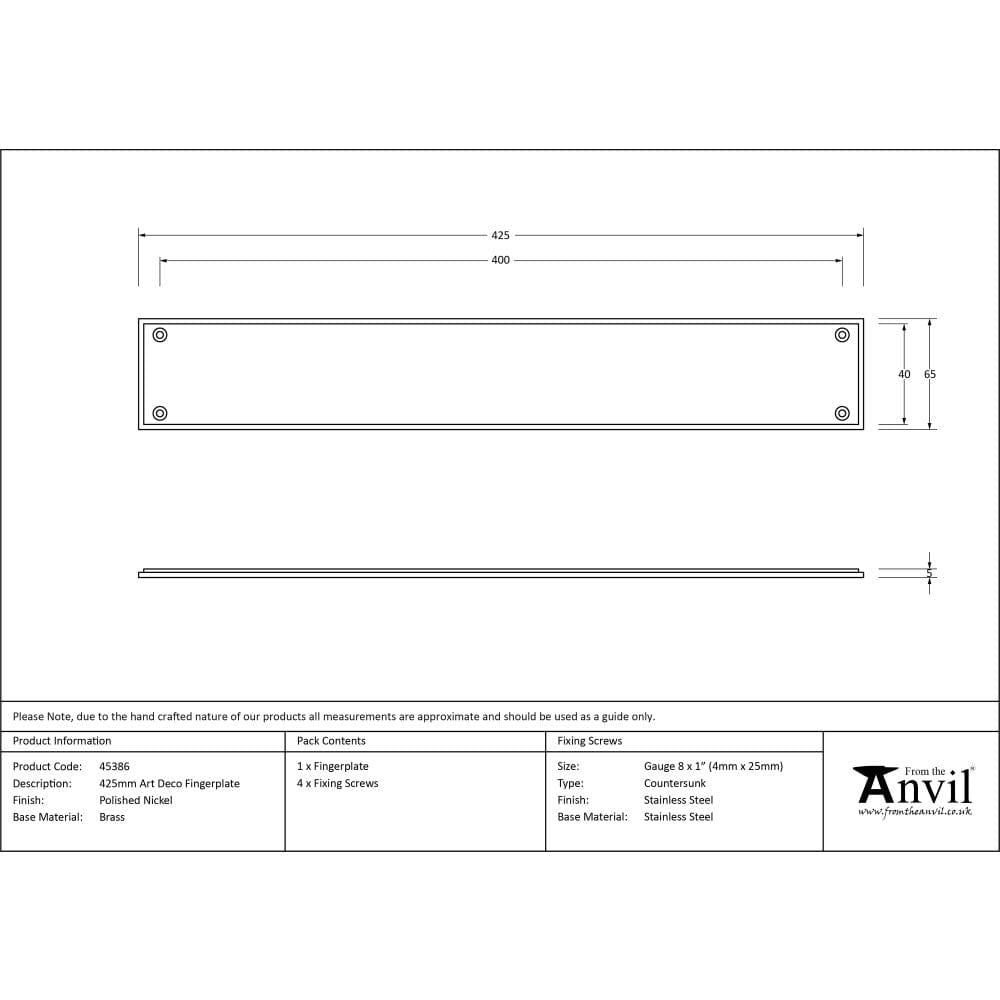 From The Anvil Door Furniture Polished Nickel / Finger Plates / 425 x 65mm From The Anvil - Polished Nickel 425mm Art Deco Fingerplate