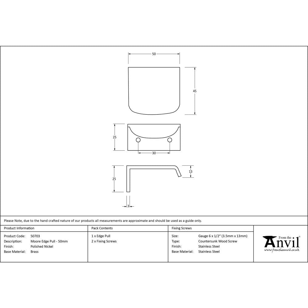 From The Anvil Cabinet Hardware Polished Nickel / Edge Pull / 50mm From The Anvil - Polished Nickel 50mm Moore Edge Pull