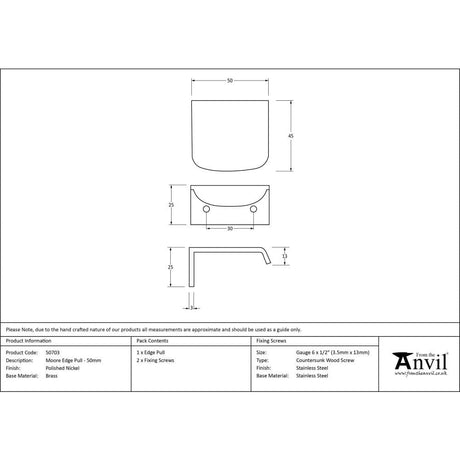 From The Anvil Cabinet Hardware Polished Nickel / Edge Pull / 50mm From The Anvil - Polished Nickel 50mm Moore Edge Pull